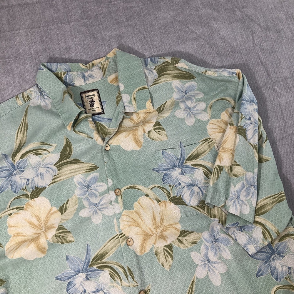 Jamaica Jaxx Shirt Men's XXL Green Floral Silk Short Sleeve Button Up Hawaiian
